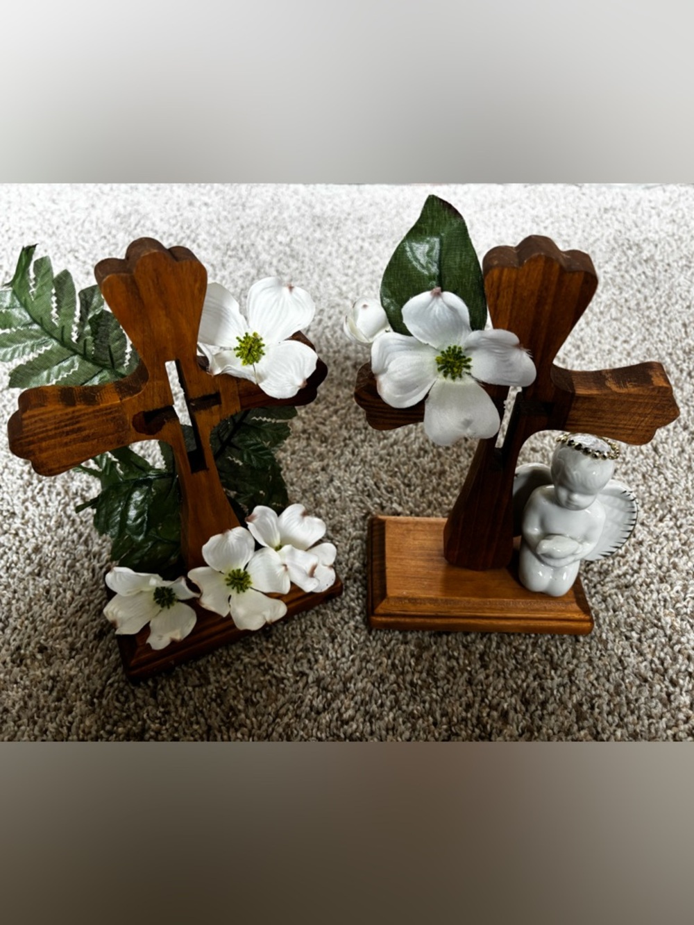 White Floral Dogwood Cross Home Accent - Wooden Base- handmade